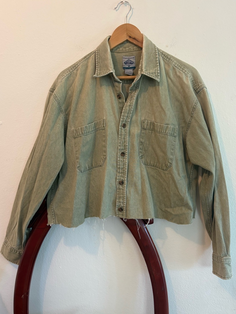 Vintage 90s Light Olive Cropped Cotton Button-Front Workwear Shirt Jacket